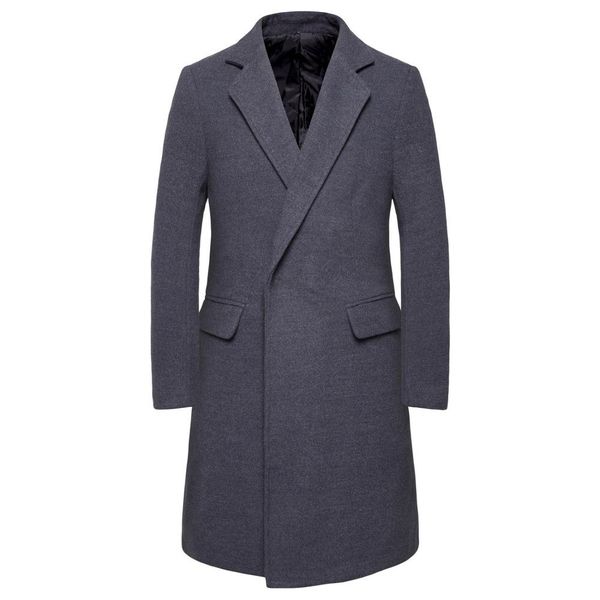 

2019 autumn winter jacket men woolen coat single button slim fit long male windbreaker suit collar grey woolen jacket, Black