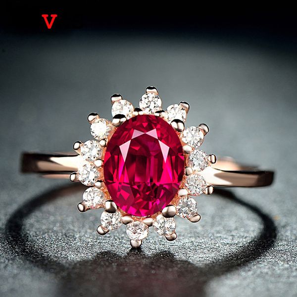 

rose gold color 925 sterling silver wedding rings for women lady sparkling oval red zircon engagement party jewelry girls gifts, Slivery;golden