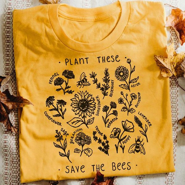 

plant these harajuku tshirt women causal save the bees t-shirt cotton wildflower graphic tees woman clothes drop shipping, White