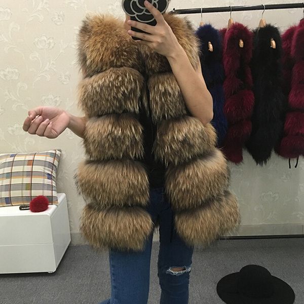 

reroyfu real natural fur vest women's genuine raccoon fur leather jacket overcoat girl's vest coat, Black