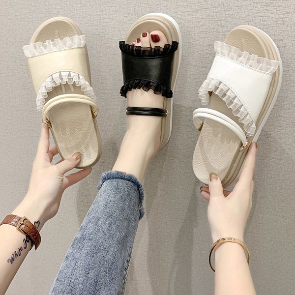

shoes woman 2020 slippers flat med slipers women platform slides summer new soft floral pu scandals shoes woman, Black