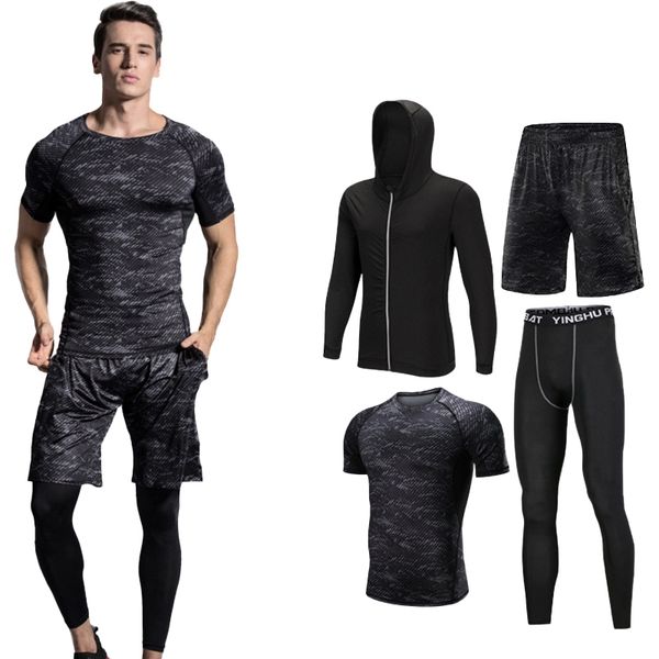 

fashionable men's 4-piece sportswear set football fitness mountaineering running sports set, Black;blue