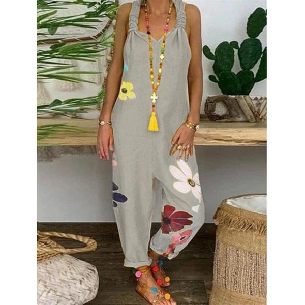 

adisputent fashion print linen women jumpsuit plus size sleeveless loose overalls casual lace up strappy adjust dungarees romper, Black;white