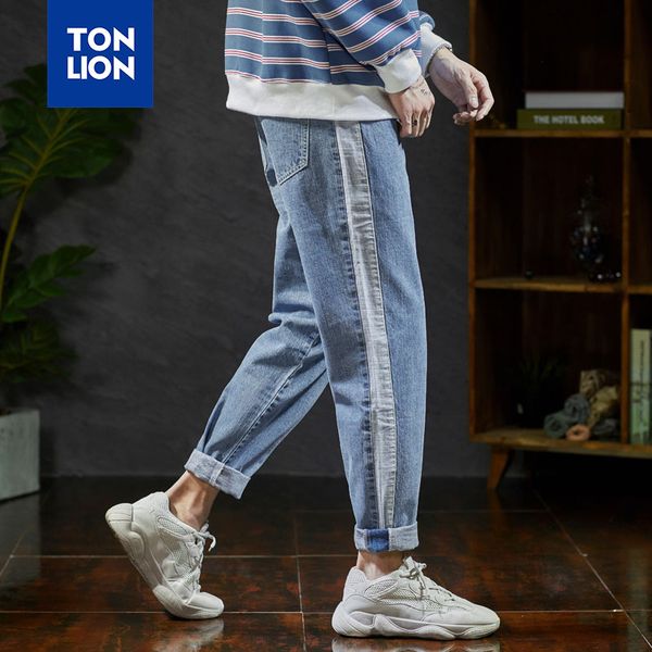 

tonlion side нашивки украшения мужские джинсы светло-голубой карандаш брюки сыпучие 2020 весна осень повседневная сплошные джинсы мужчины de, Blue