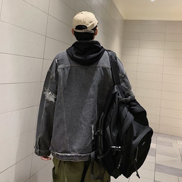 

men's fur & faux denim jacket male 2021 pocket hole handsome loose work, Black