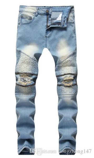 

new men hole bleached biker jeans straight draped jeans trousers broken pants man's pencil rippid pants casual embroidered patchwork je, Blue