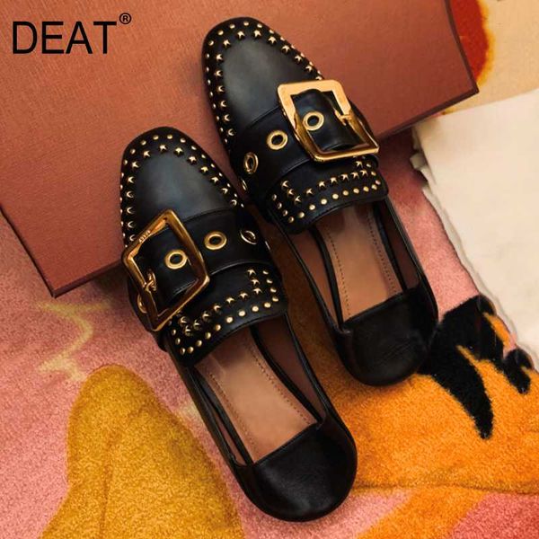 

deat] 2020 round toe shallow belt buckle rivet casual temperament single flat shoes women new spring autumn fashion tide 10f882, Black