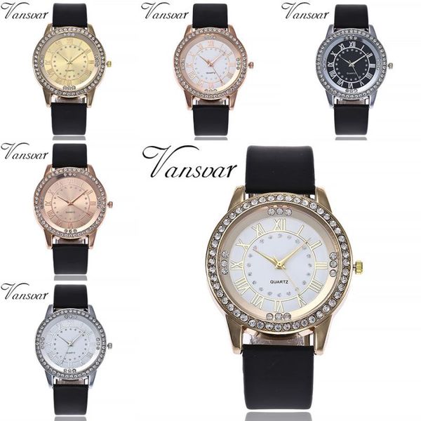 

vansvar women's casual quartz leather band newv strap watch analog ladies watches with rhinestones analog quartz bracelet watch, Slivery;brown