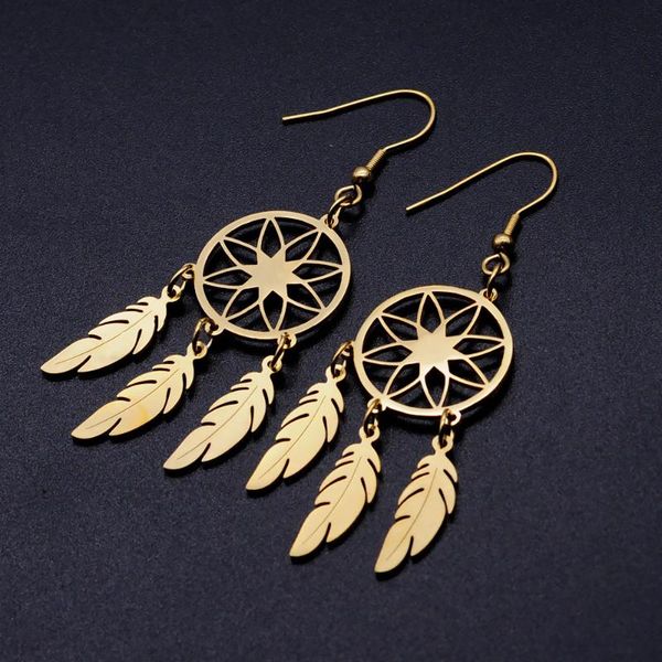 

100% stainless steel lotus feather dreamcatcher unique drop earring for women bohemia jewelry wholesale dropshipping, Silver