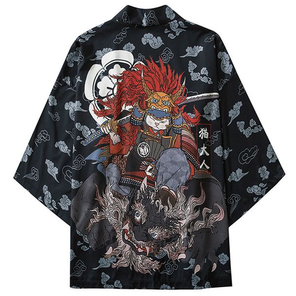 

Januarysnow Japanese Kimono Jacket Officer Cat Print Harajuku 2020 Hip Hop Men Japan Streetwear Jacket Summer Thin Clothing Loose Kimono