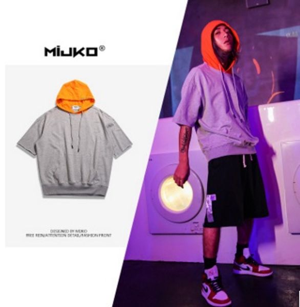 

2020 new spring summer teenage's splice crash colors big code sweater, men's hooded catch, high street short sleeves, european sty, Black