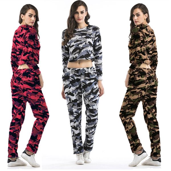 

women's camouflage sports suit fashion casual soft elasticity o-neck short sweater trousers women's suit comfortable sportswear, Black;blue