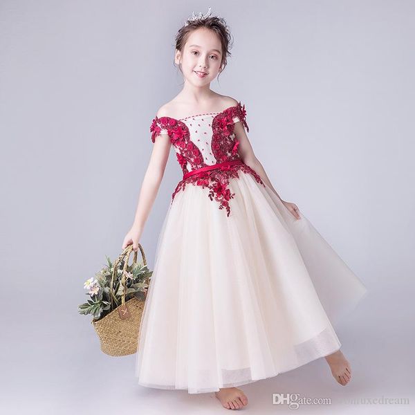 

fashion red beading appliqued long flower girl dresses lace first communion dresses girls pageant dress kids prom dress, White;blue