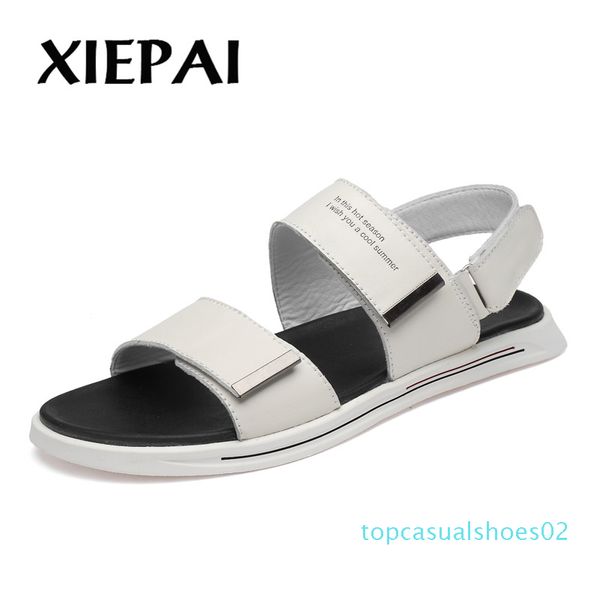 

genuine leather shoes men sandals 2019 summer beach sandals male shoes fashion cow leather man black white t02
