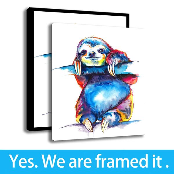 

colorful sloth wall art animal prints on canvas watercolor decor painting framed art - ready to hang - support customization