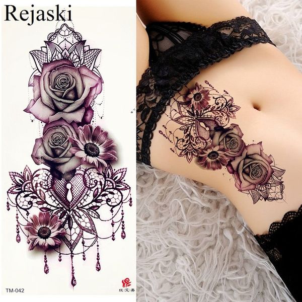 Roxo Rosa Jóias Transferência de Água Tatuagem Adesivos Mulheres Corpo Peito Arte Temporário Tatuagem Menina Cintura Pulseira Flash Tattoos Flor