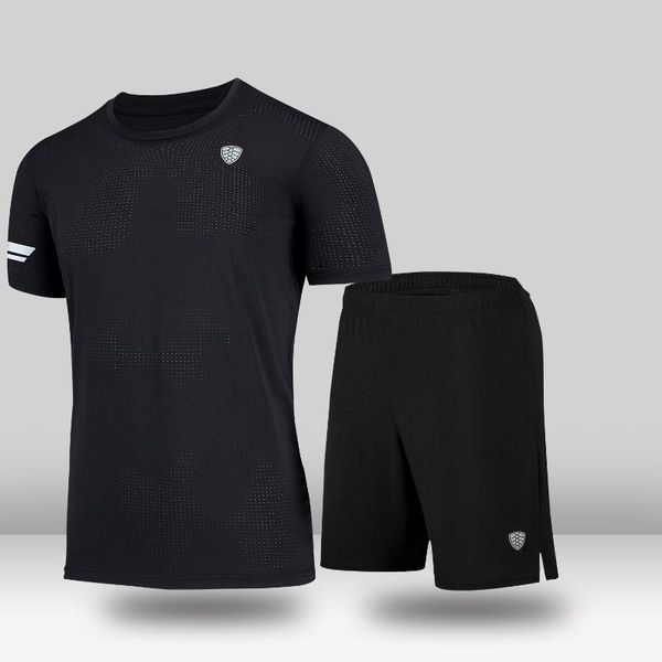 

summer men's sportswear short sleeve fitness shorts quick-drying sportswear running set sport suits for men jogging riding, Black;blue
