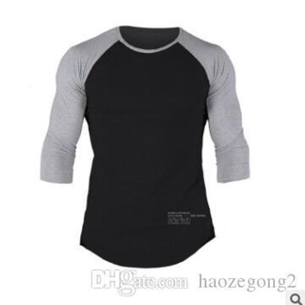 

2019 new fashion high-elasticity sporting t-shirt muscle men 7 points long sleeve fitness t shirt mens gyms bodybuilding t-shirt, White;black