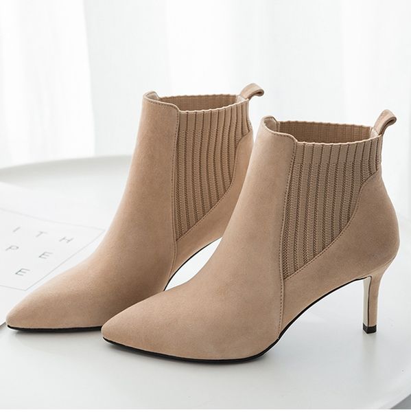 

women's boots stretch fabric high heel pointed bare boots pointed stiletto heel casual short tube booties botas de mujer 2019, Black
