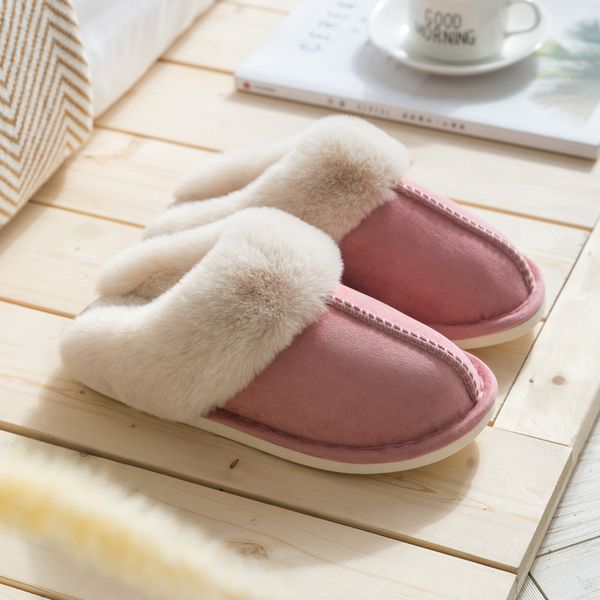 

suihyung new women fur home quality suede flat cotton man plush slippers couple bedroom slides furry indoor shoes y200424, Black