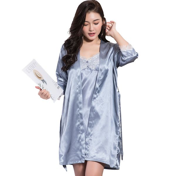 

gray women rayon robe gown set spring autumn bathrobe set 2 pieces solid kimono nightdress lace sleepwear nightwear, Black;red