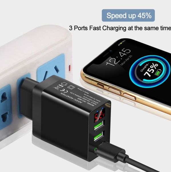 

charger 3usb eu uk us travel phone charger digital display 3.1a universal charging head fast charging source adapter for iphone samsung