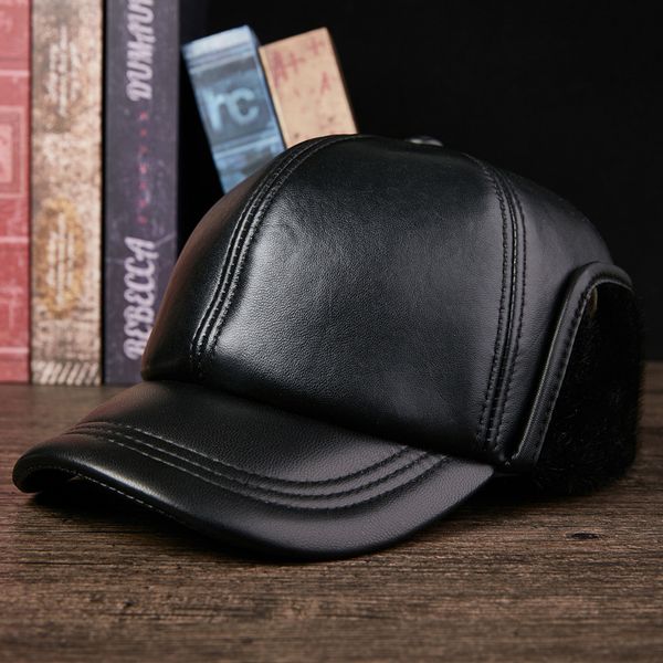 

genuine leather hat man sheepskin peaked cap winter thickening dady hat beret ear protection for the elderly male suture, Blue;gray
