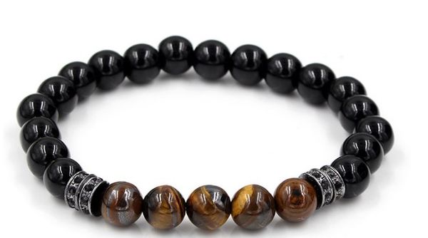 

8mm yhd432 elastic adjusted charm nature stone reiki frosted agate onyx red tigereye cz zircon cubic zirconia bracelet, Black