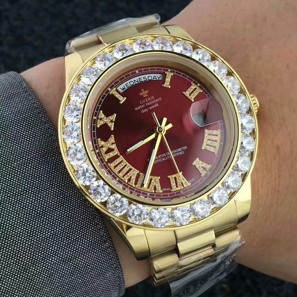 

gold big diamond brand iced out watch day date president 2813 wristwatch business reloj a luxury mens designer watches 2019, Slivery;brown