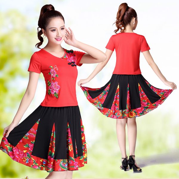 

square dance costume new women's fashion dance costume suit ladies spring summer floral m-6xl, Black;red