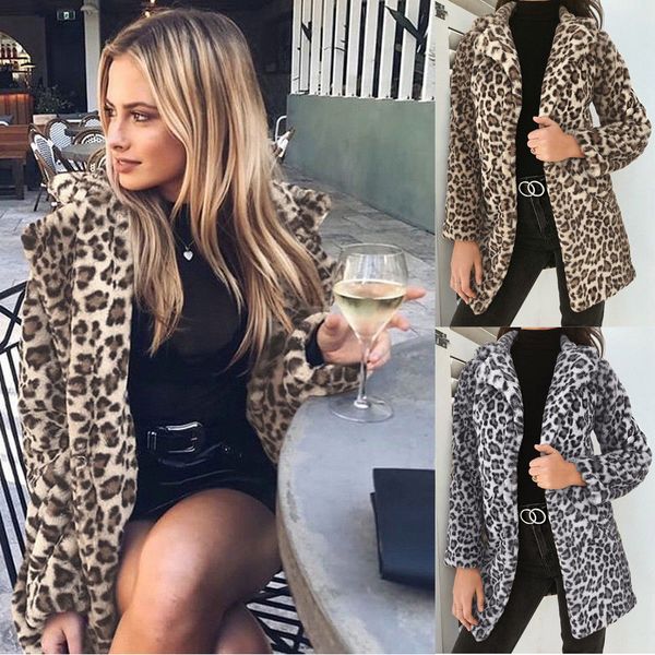 

2019 womens autumn winter leopard fluffy fleece jacket coat cardigans hooded jumper clubwear, Black