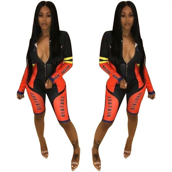 

women long sleeve splicing vintage letter print zipper up knee length bodycon jumpsuit moto biker romper playsuit dls6226, Black;white