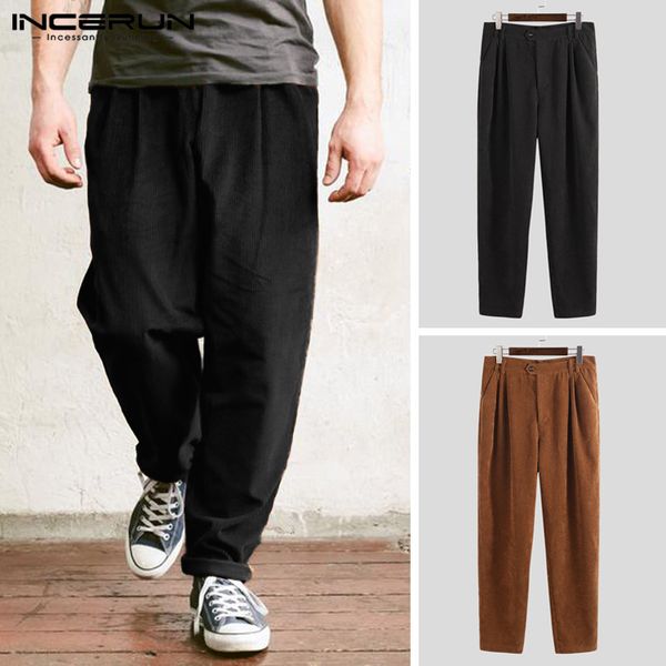 

incerun ethnic style men's trousers polyester warm retro solid color winter fashion new casual loose streetwear men's trousers, Black