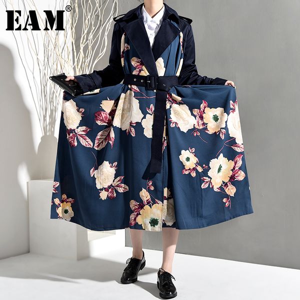 

eam] 2019 new spring autumn lapel long sleeve pattern printed loose long big size windbreaker women trench fashion tide jo5541, Tan;black