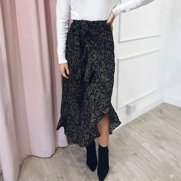 

new women's high waist leopard print wrap over skirts vogue female aysmmetric ruffled lace up long skirt skirt clubwear femme, Black