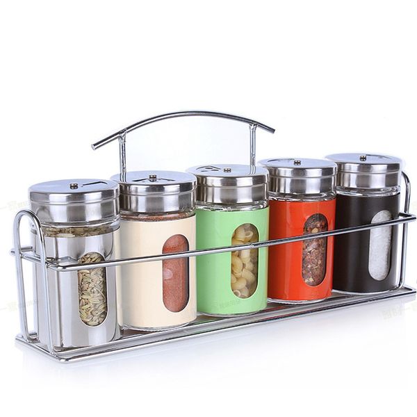 

new 6pcs/set kitchen storage jar glass condiment bottle spice jar set with spice rack rotating bbq seasoning boxes bottle