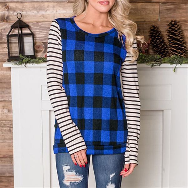 

2019 women's base plaid round neck long sleeve 2019 women's base plaid t-shirt shirt round neck long sleeve t-shirt, White
