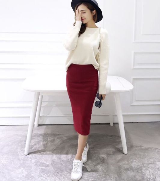 

summer skirts chic pencil skirts women skirt wool rib knit long skirt package hip split waist midi maxi, Black