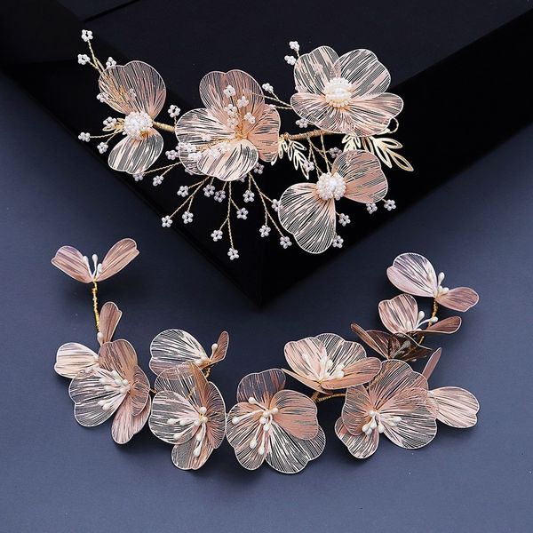 

handmade copper flower bridal headband gold wedding tiara soft barrettes pearl headdress for bride wigo1472, Golden;white