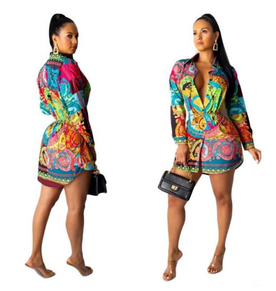 

womens designer colorful print shirt dresses casual single breasted long sleeve shirt dresses deep v-neck shirt dresses, Black;gray