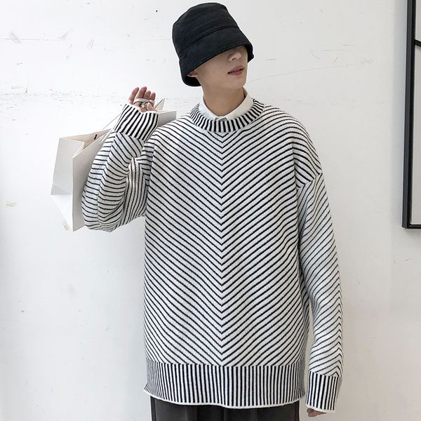 

2019 осень и зима новой корейской версии ins мужская tide свободный свитер вскользь полосатый пуловер серый / черный -2xl, White;black