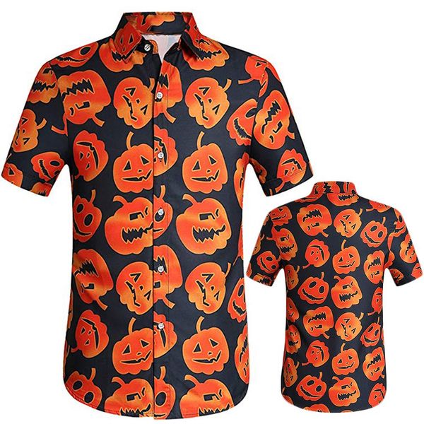 

men halloween pumpkin print short sleeve turn down neck button shirt blouse top, White;black