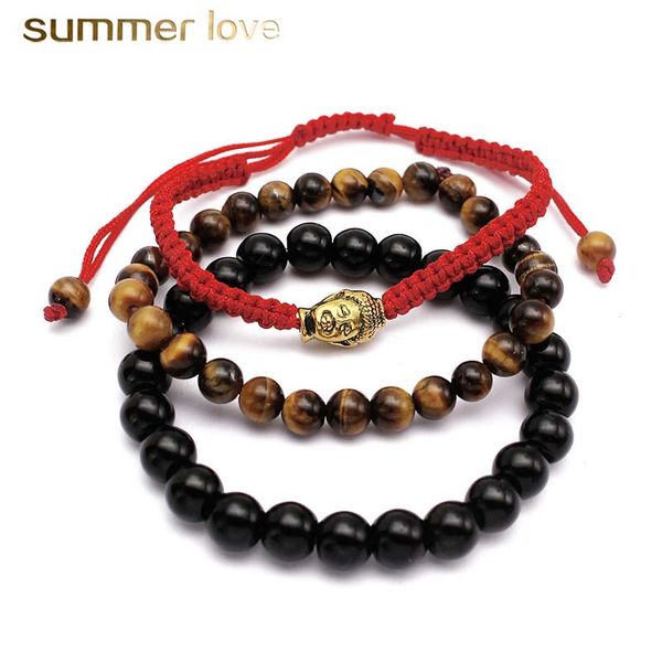 

handmade braided buddha charm tiger eye beaded bracelet set for women men adjustable size healing beads bracelet trendy jewelry, Black
