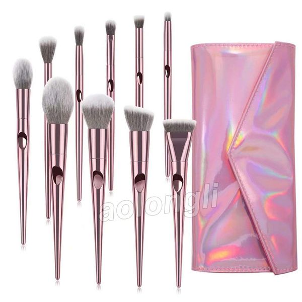 Pennelli per trucco 10 pezzi Kit di pennelli per cosmetici professionali Set di pennelli in oro rosa con borsa per fondotinta in polvere per occhi e viso Strumento per il trucco