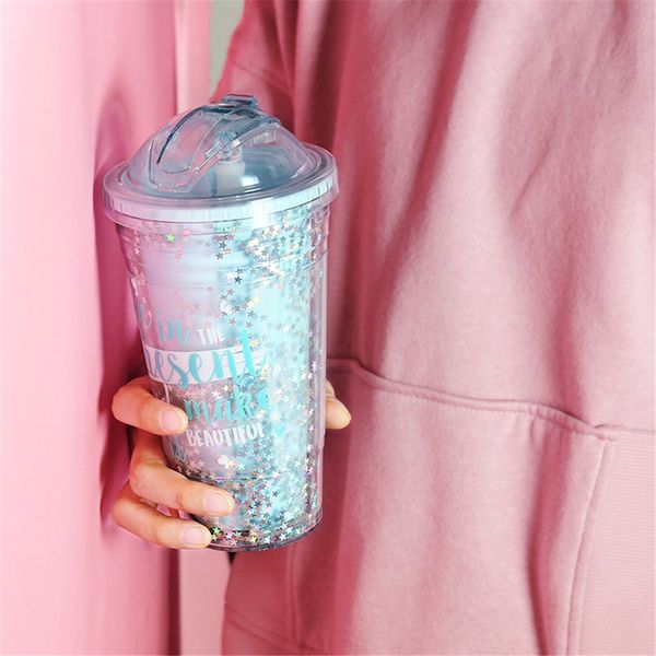 

конфеты цвет 420 мл бутылка с водой для девочек симпатичные звезды блесток двойной розовые бутылки для питья с соломой