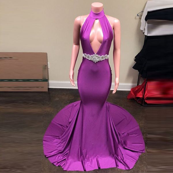 

real image purple long mermaid prom gowns with sparkle crystal backless halter party gown vestidos de festa longo, White