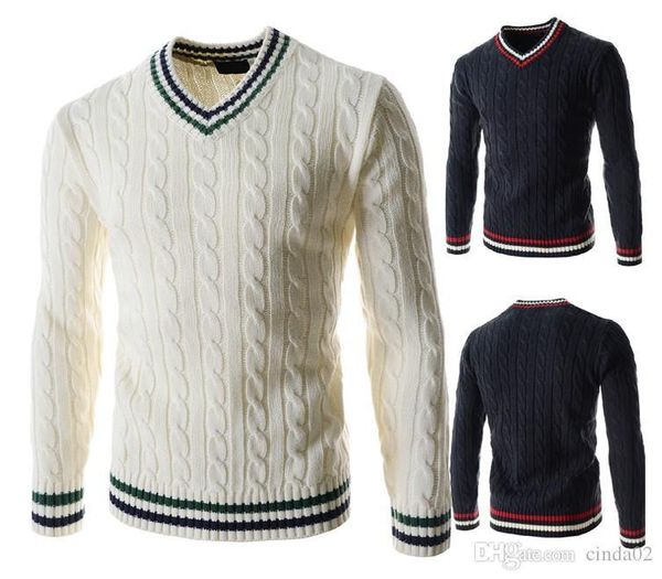 

men's winter cotton long sleeve v-neck pullover youth slim joker simple boutique contrast knit knit sweater, White;black