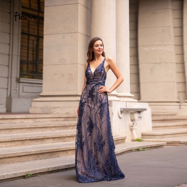 

finove prom dress 2019 long floor length deep v neck lace up backless chic appliques formal party dress vestido de fiesta, Black