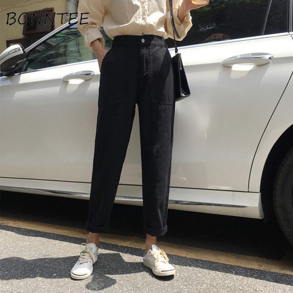 

women elastic high waist big pockets loose casual womens wide leg trousers students denim fashion new high style all match chic, Blue