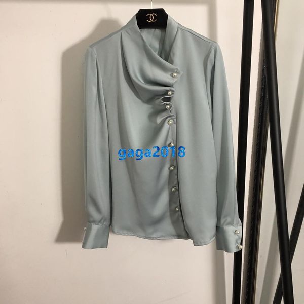 

high end женщины девушки рубашка жемчуг однобортный плиссировать деталь v-образным вырезом с длинным рукавом тройник блузка взлетно-посадочн, White